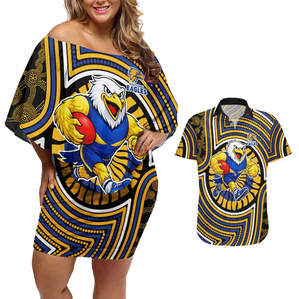 West Coast Eagles Couples Matching Off Shoulder Short Dress and Hawaiian Shirt Indigenous Monochrome Dot Art Mascot Style
