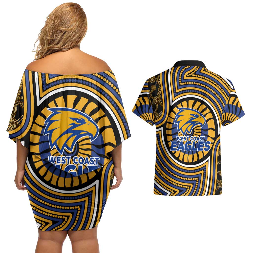 West Coast Eagles Couples Matching Off Shoulder Short Dress and Hawaiian Shirt Indigenous Monochrome Dot Art Mascot Style