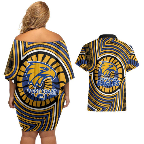 West Coast Eagles Couples Matching Off Shoulder Short Dress and Hawaiian Shirt Indigenous Monochrome Dot Art Mascot Style