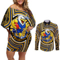 West Coast Eagles Couples Matching Off Shoulder Short Dress and Long Sleeve Button Shirt Indigenous Monochrome Dot Art Mascot Style