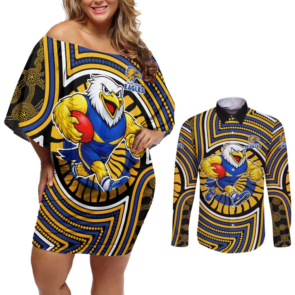 West Coast Eagles Couples Matching Off Shoulder Short Dress and Long Sleeve Button Shirt Indigenous Monochrome Dot Art Mascot Style
