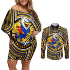 West Coast Eagles Couples Matching Off Shoulder Short Dress and Long Sleeve Button Shirt Indigenous Monochrome Dot Art Mascot Style