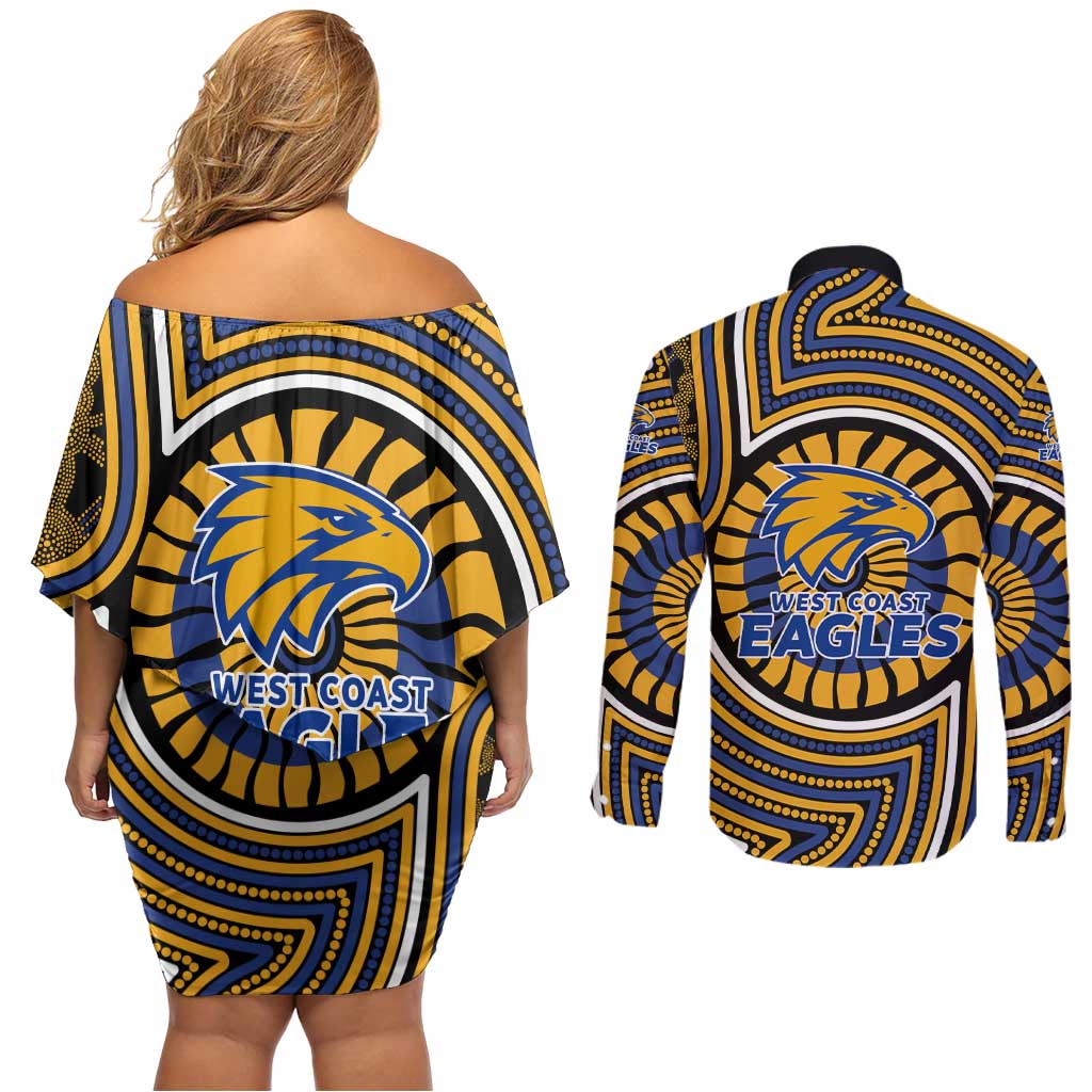 West Coast Eagles Couples Matching Off Shoulder Short Dress and Long Sleeve Button Shirt Indigenous Monochrome Dot Art Mascot Style