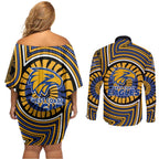 West Coast Eagles Couples Matching Off Shoulder Short Dress and Long Sleeve Button Shirt Indigenous Monochrome Dot Art Mascot Style