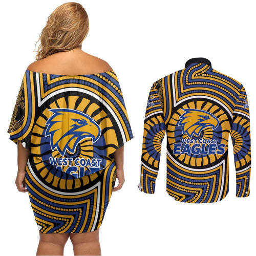 West Coast Eagles Couples Matching Off Shoulder Short Dress and Long Sleeve Button Shirt Indigenous Monochrome Dot Art Mascot Style