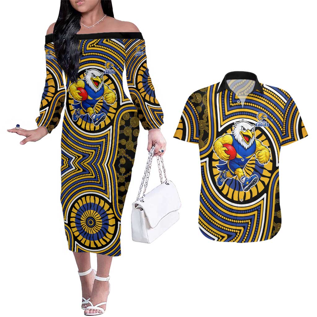 West Coast Eagles Couples Matching Off The Shoulder Long Sleeve Dress and Hawaiian Shirt Indigenous Monochrome Dot Art Mascot Style