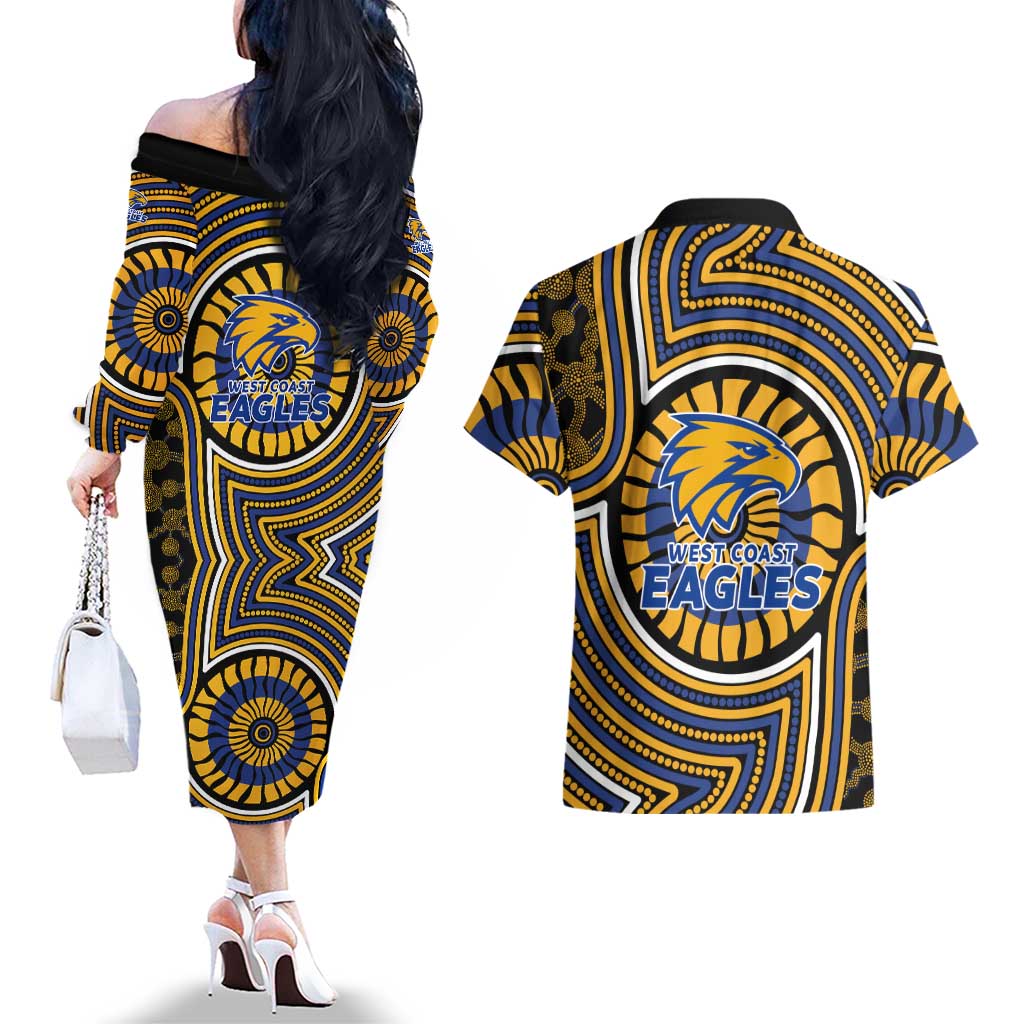 West Coast Eagles Couples Matching Off The Shoulder Long Sleeve Dress and Hawaiian Shirt Indigenous Monochrome Dot Art Mascot Style