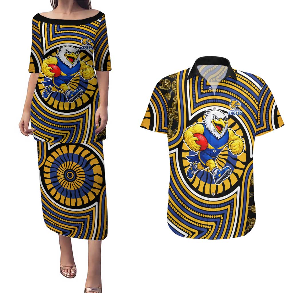 West Coast Eagles Couples Matching Puletasi and Hawaiian Shirt Indigenous Monochrome Dot Art Mascot Style