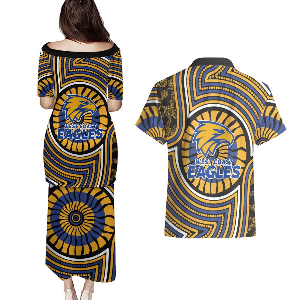 West Coast Eagles Couples Matching Puletasi and Hawaiian Shirt Indigenous Monochrome Dot Art Mascot Style