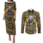 West Coast Eagles Couples Matching Puletasi and Long Sleeve Button Shirt Indigenous Monochrome Dot Art Mascot Style