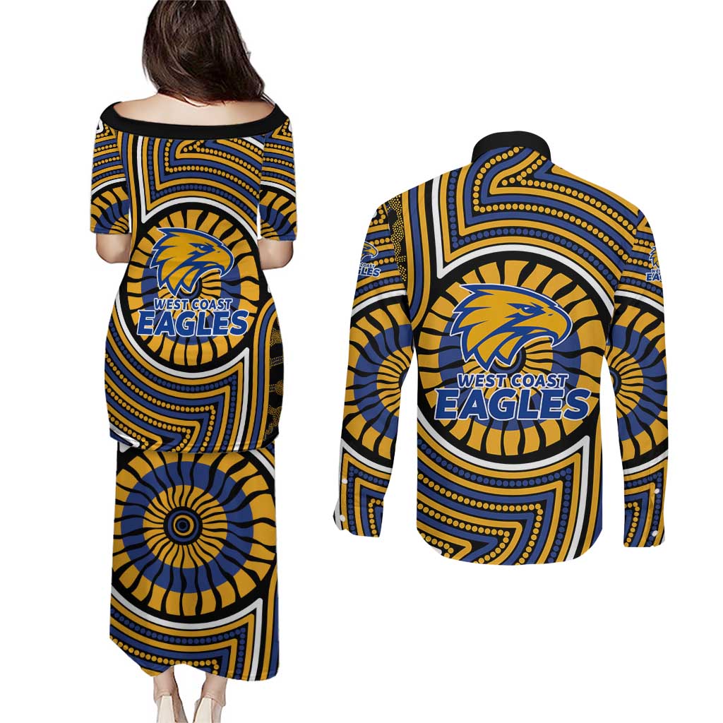 West Coast Eagles Couples Matching Puletasi and Long Sleeve Button Shirt Indigenous Monochrome Dot Art Mascot Style