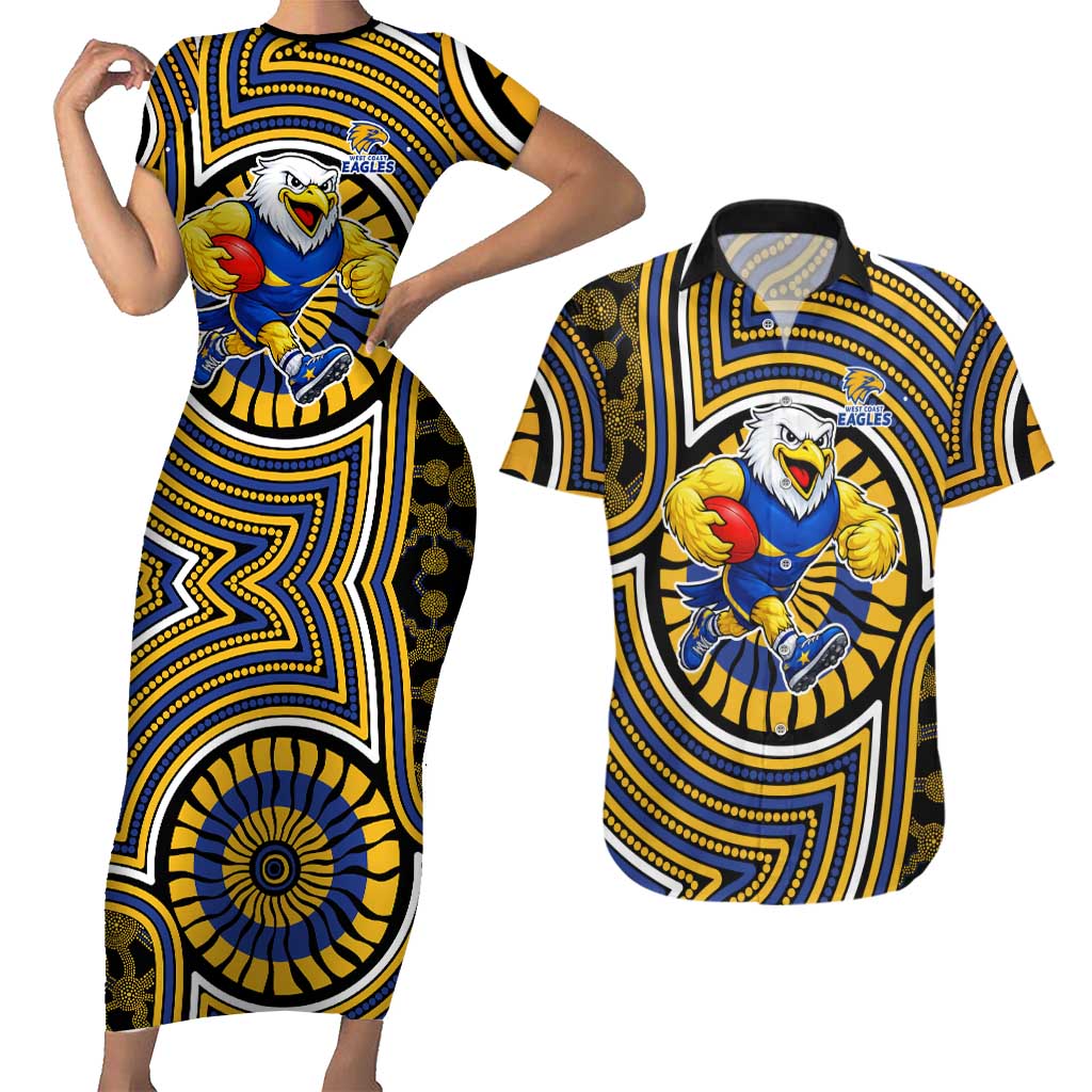 West Coast Eagles Couples Matching Short Sleeve Bodycon Dress and Hawaiian Shirt Indigenous Monochrome Dot Art Mascot Style