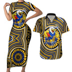 West Coast Eagles Couples Matching Short Sleeve Bodycon Dress and Hawaiian Shirt Indigenous Monochrome Dot Art Mascot Style