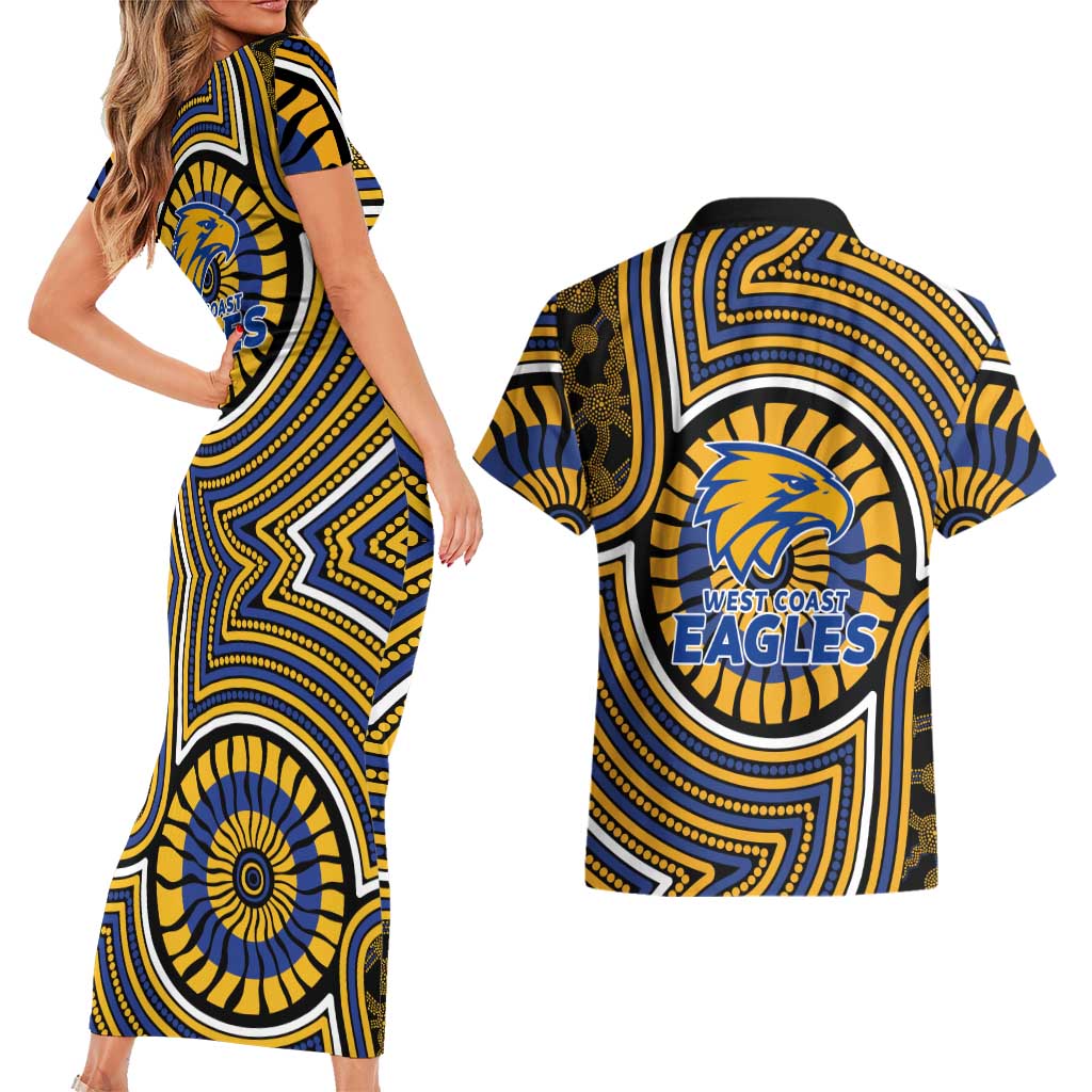 West Coast Eagles Couples Matching Short Sleeve Bodycon Dress and Hawaiian Shirt Indigenous Monochrome Dot Art Mascot Style