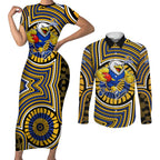 West Coast Eagles Couples Matching Short Sleeve Bodycon Dress and Long Sleeve Button Shirt Indigenous Monochrome Dot Art Mascot Style