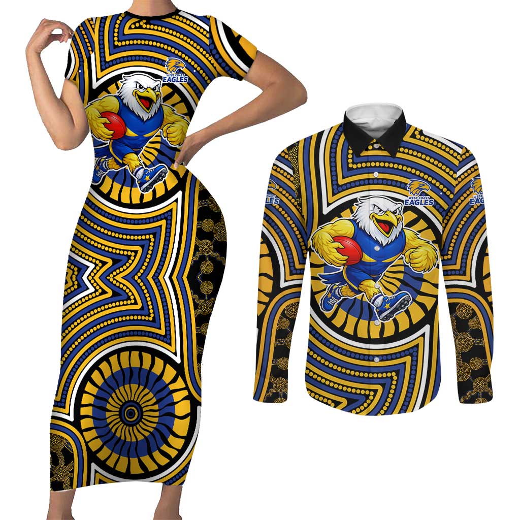 West Coast Eagles Couples Matching Short Sleeve Bodycon Dress and Long Sleeve Button Shirt Indigenous Monochrome Dot Art Mascot Style