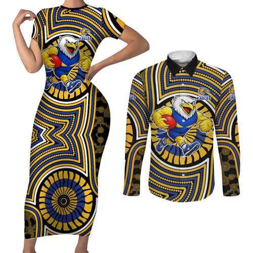 West Coast Eagles Couples Matching Short Sleeve Bodycon Dress and Long Sleeve Button Shirt Indigenous Monochrome Dot Art Mascot Style
