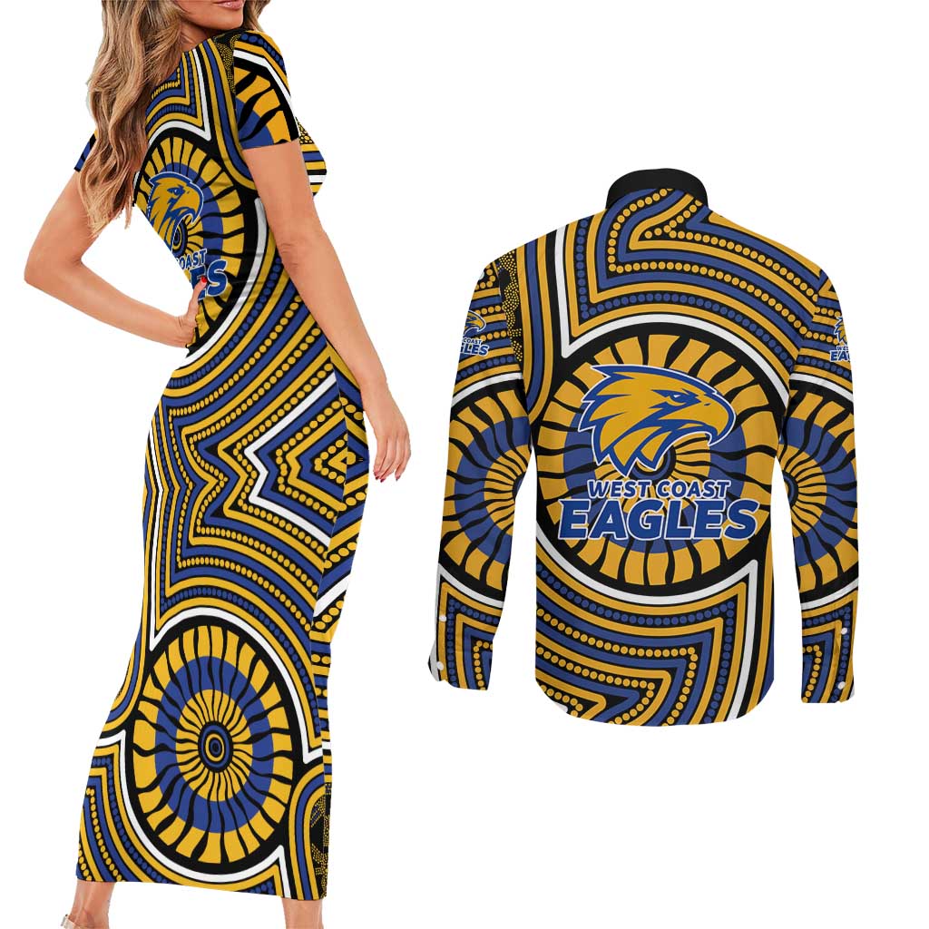 West Coast Eagles Couples Matching Short Sleeve Bodycon Dress and Long Sleeve Button Shirt Indigenous Monochrome Dot Art Mascot Style