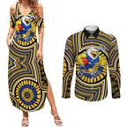 West Coast Eagles Couples Matching Summer Maxi Dress and Long Sleeve Button Shirt Indigenous Monochrome Dot Art Mascot Style