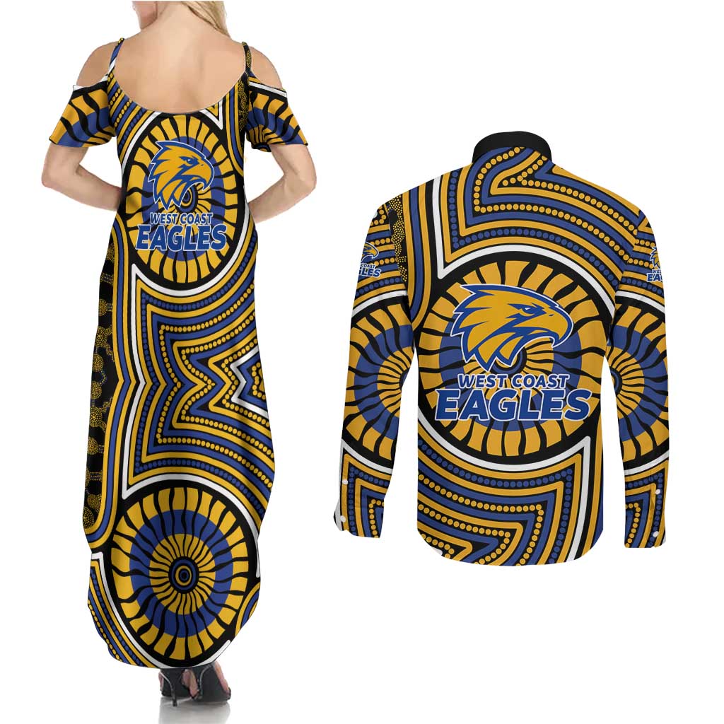 West Coast Eagles Couples Matching Summer Maxi Dress and Long Sleeve Button Shirt Indigenous Monochrome Dot Art Mascot Style