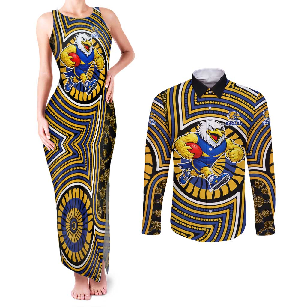 West Coast Eagles Couples Matching Tank Maxi Dress and Long Sleeve Button Shirt Indigenous Monochrome Dot Art Mascot Style