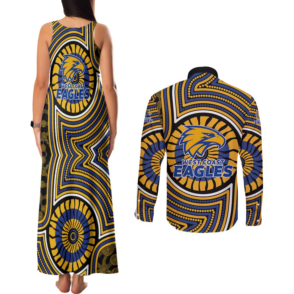 West Coast Eagles Couples Matching Tank Maxi Dress and Long Sleeve Button Shirt Indigenous Monochrome Dot Art Mascot Style