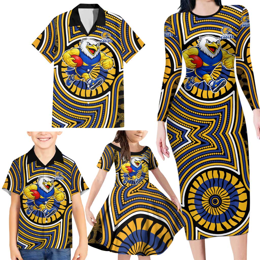 West Coast Eagles Family Matching Long Sleeve Bodycon Dress and Hawaiian Shirt Indigenous Monochrome Dot Art Mascot Style