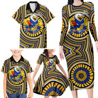 West Coast Eagles Family Matching Long Sleeve Bodycon Dress and Hawaiian Shirt Indigenous Monochrome Dot Art Mascot Style