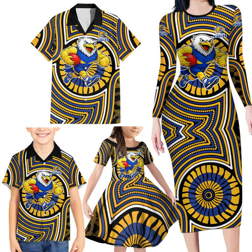West Coast Eagles Family Matching Long Sleeve Bodycon Dress and Hawaiian Shirt Indigenous Monochrome Dot Art Mascot Style