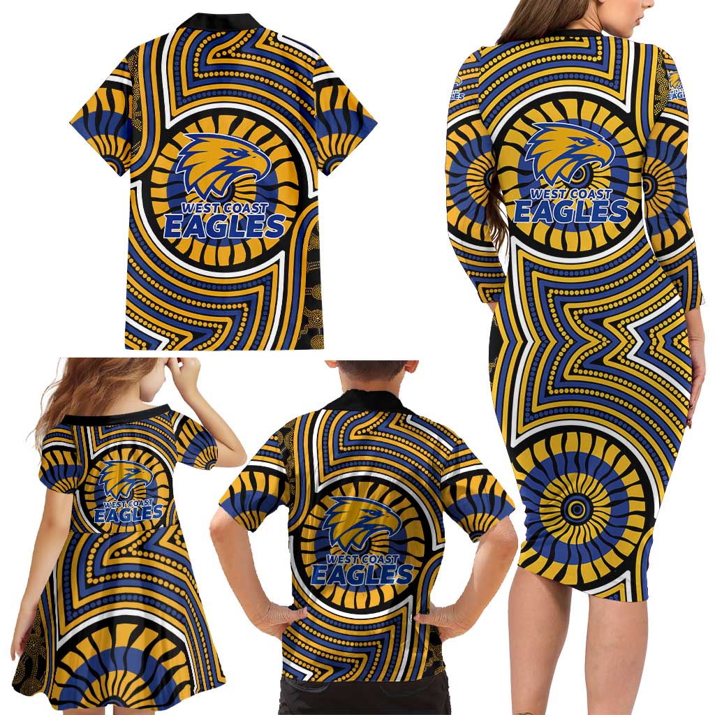 West Coast Eagles Family Matching Long Sleeve Bodycon Dress and Hawaiian Shirt Indigenous Monochrome Dot Art Mascot Style