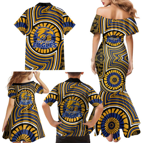 West Coast Eagles Family Matching Mermaid Dress and Hawaiian Shirt Indigenous Monochrome Dot Art Mascot Style