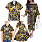 West Coast Eagles Family Matching Off The Shoulder Long Sleeve Dress and Hawaiian Shirt Indigenous Monochrome Dot Art Mascot Style