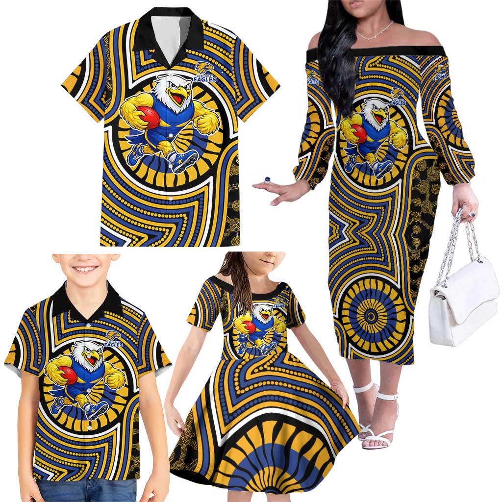 West Coast Eagles Family Matching Off The Shoulder Long Sleeve Dress and Hawaiian Shirt Indigenous Monochrome Dot Art Mascot Style