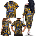 West Coast Eagles Family Matching Off The Shoulder Long Sleeve Dress and Hawaiian Shirt Indigenous Monochrome Dot Art Mascot Style