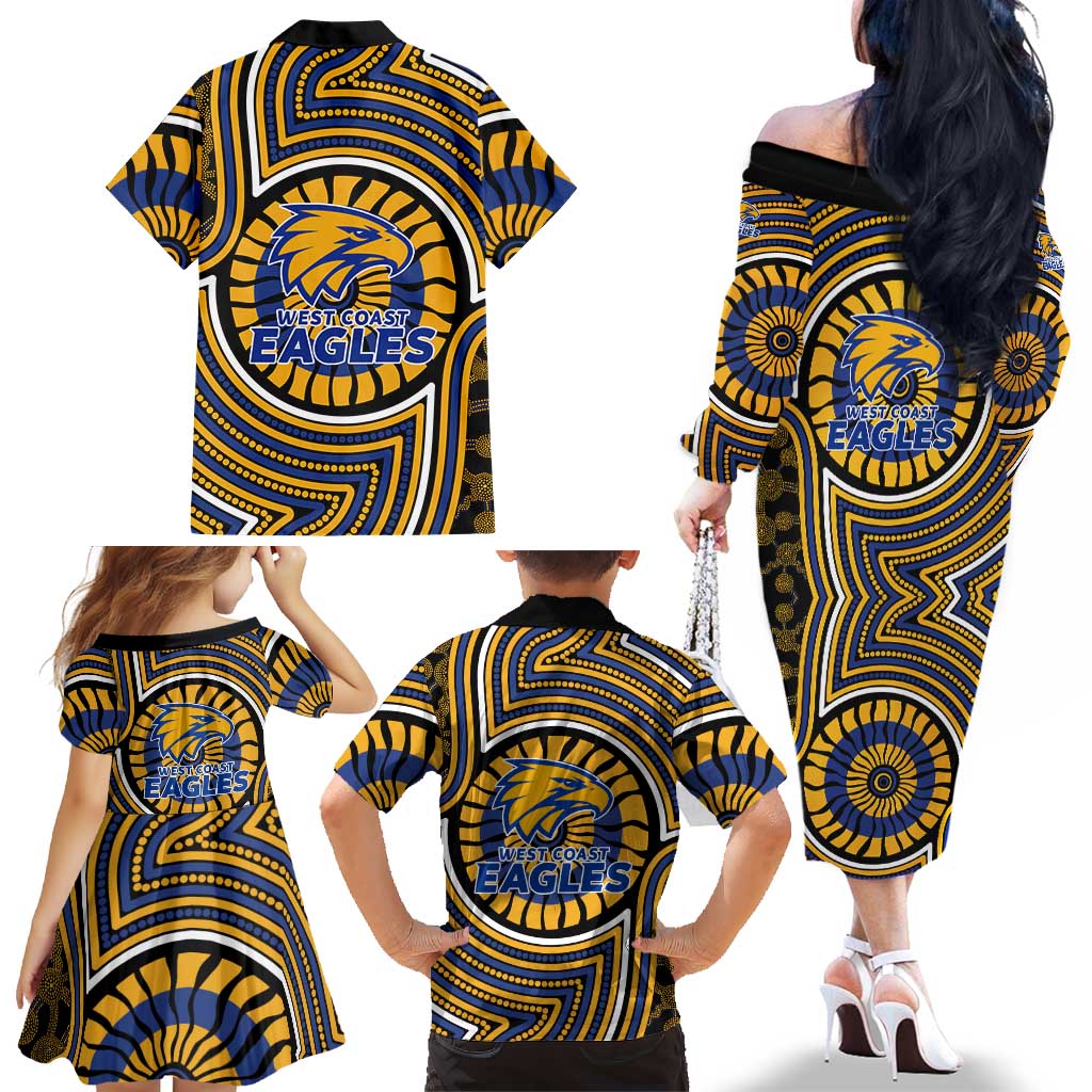West Coast Eagles Family Matching Off The Shoulder Long Sleeve Dress and Hawaiian Shirt Indigenous Monochrome Dot Art Mascot Style