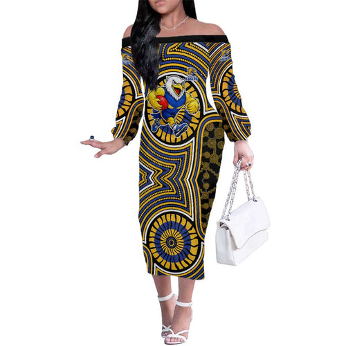 West Coast Eagles Family Matching Off The Shoulder Long Sleeve Dress and Hawaiian Shirt Indigenous Monochrome Dot Art Mascot Style