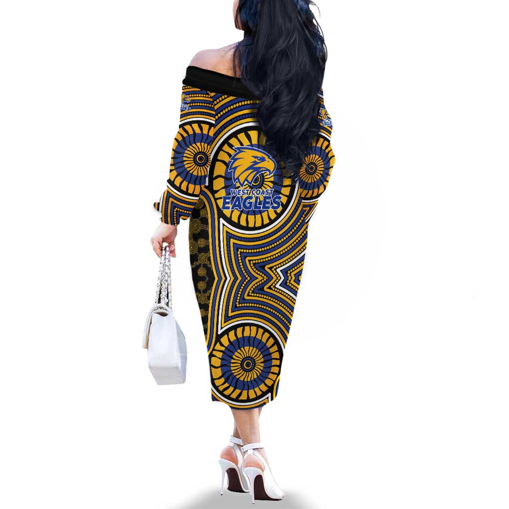 West Coast Eagles Family Matching Off The Shoulder Long Sleeve Dress and Hawaiian Shirt Indigenous Monochrome Dot Art Mascot Style