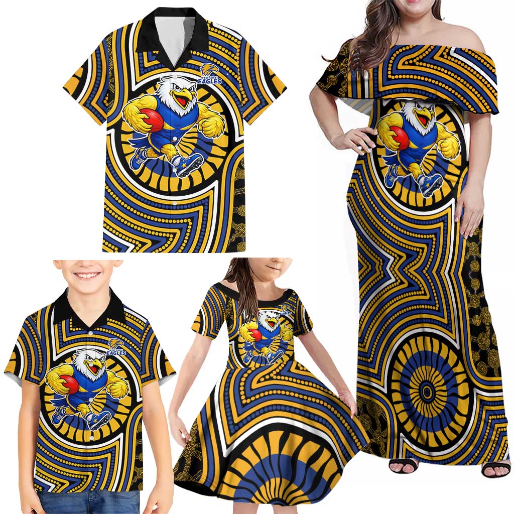 West Coast Eagles Family Matching Off Shoulder Maxi Dress and Hawaiian Shirt Indigenous Monochrome Dot Art Mascot Style