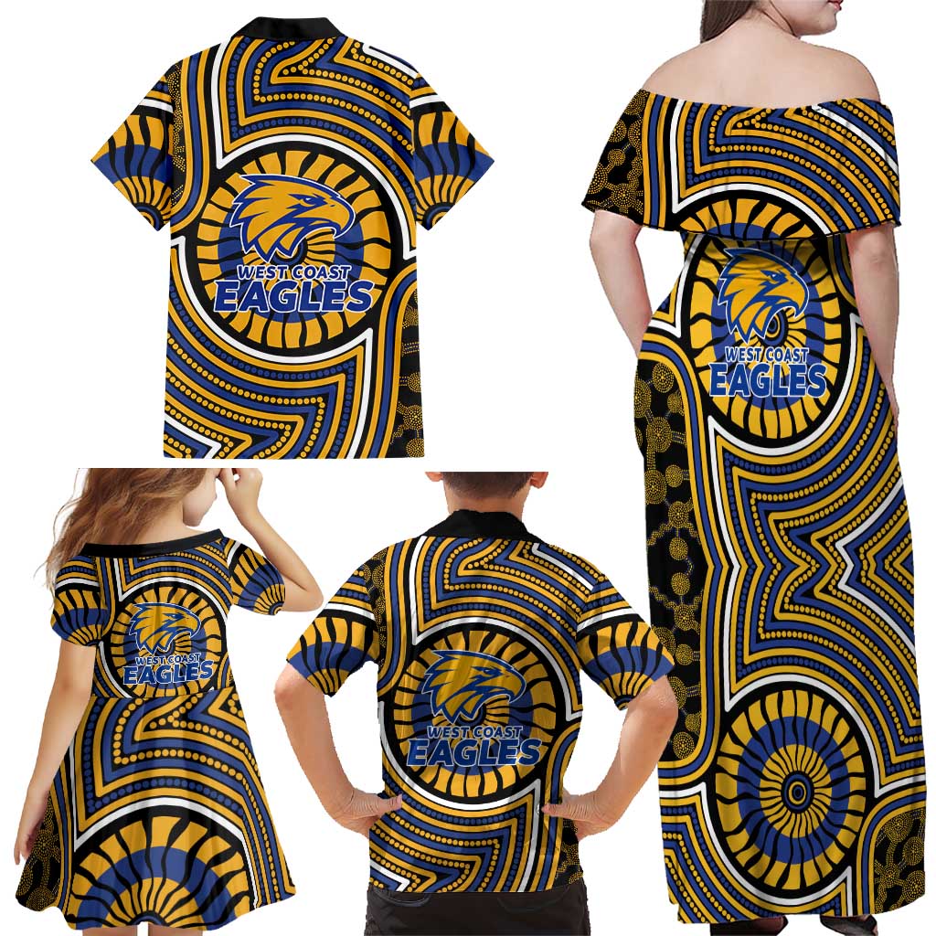 West Coast Eagles Family Matching Off Shoulder Maxi Dress and Hawaiian Shirt Indigenous Monochrome Dot Art Mascot Style