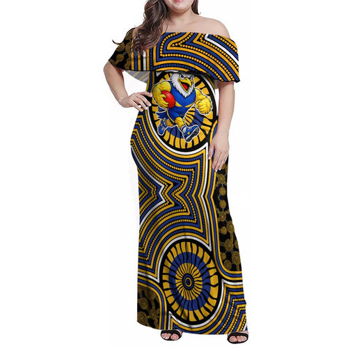 West Coast Eagles Family Matching Off Shoulder Maxi Dress and Hawaiian Shirt Indigenous Monochrome Dot Art Mascot Style