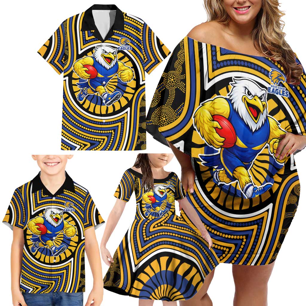 West Coast Eagles Family Matching Off Shoulder Short Dress and Hawaiian Shirt Indigenous Monochrome Dot Art Mascot Style