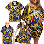 West Coast Eagles Family Matching Off Shoulder Short Dress and Hawaiian Shirt Indigenous Monochrome Dot Art Mascot Style