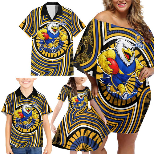 West Coast Eagles Family Matching Off Shoulder Short Dress and Hawaiian Shirt Indigenous Monochrome Dot Art Mascot Style