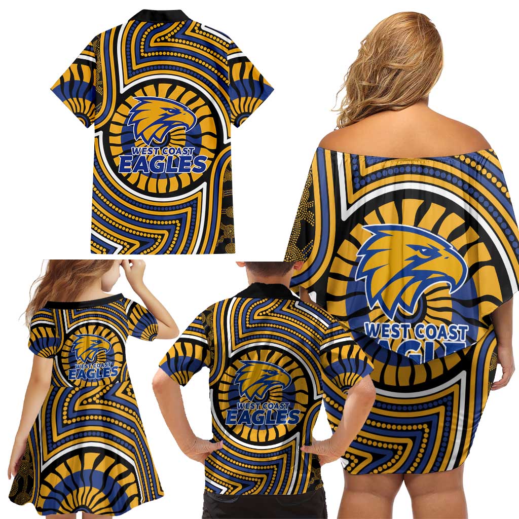 West Coast Eagles Family Matching Off Shoulder Short Dress and Hawaiian Shirt Indigenous Monochrome Dot Art Mascot Style