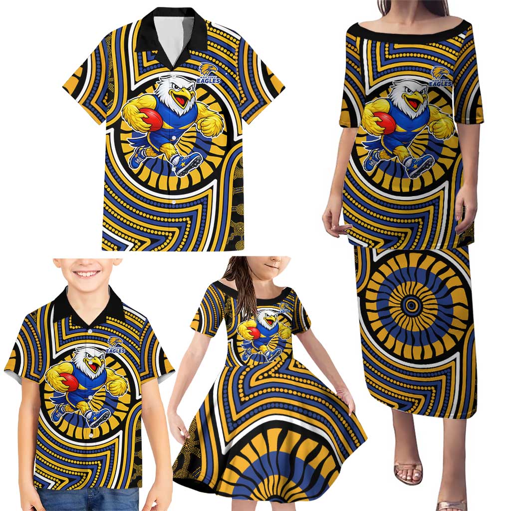 West Coast Eagles Family Matching Puletasi and Hawaiian Shirt Indigenous Monochrome Dot Art Mascot Style