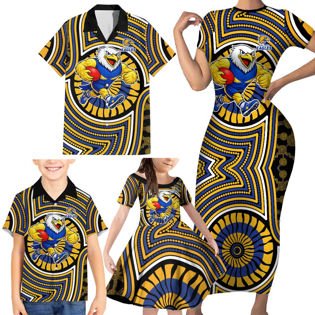 West Coast Eagles Family Matching Short Sleeve Bodycon Dress and Hawaiian Shirt Indigenous Monochrome Dot Art Mascot Style