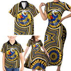 West Coast Eagles Family Matching Short Sleeve Bodycon Dress and Hawaiian Shirt Indigenous Monochrome Dot Art Mascot Style