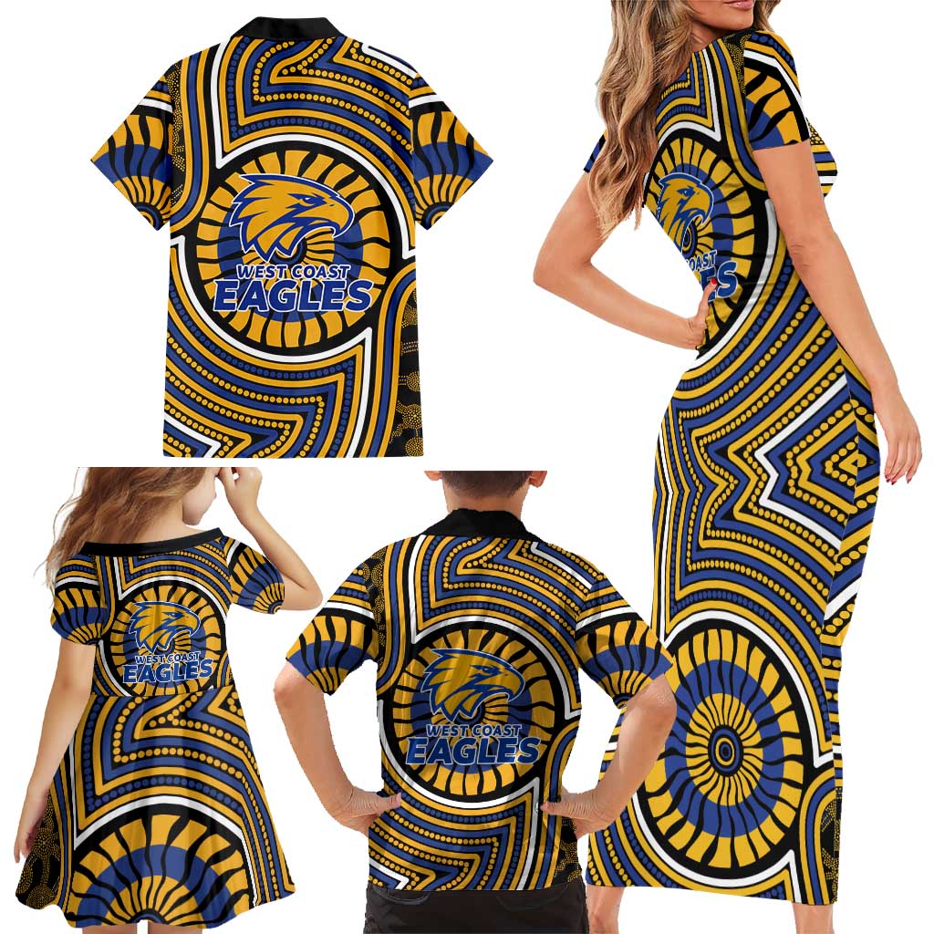 West Coast Eagles Family Matching Short Sleeve Bodycon Dress and Hawaiian Shirt Indigenous Monochrome Dot Art Mascot Style