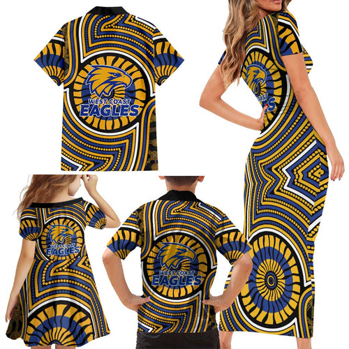 West Coast Eagles Family Matching Short Sleeve Bodycon Dress and Hawaiian Shirt Indigenous Monochrome Dot Art Mascot Style