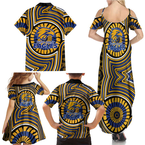 West Coast Eagles Family Matching Summer Maxi Dress and Hawaiian Shirt Indigenous Monochrome Dot Art Mascot Style